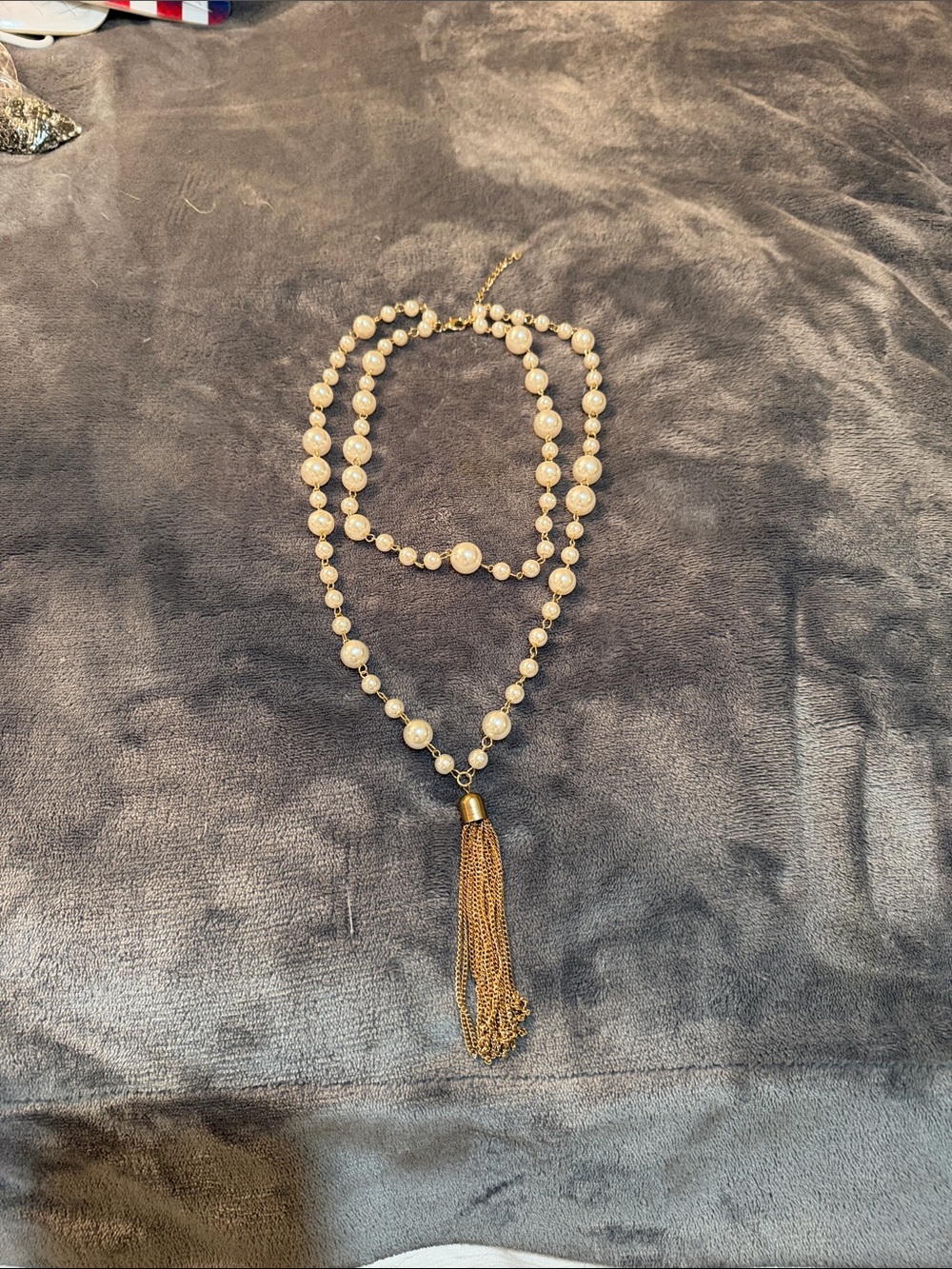Layered Cream Bead Necklace with Gold Tassel Accent